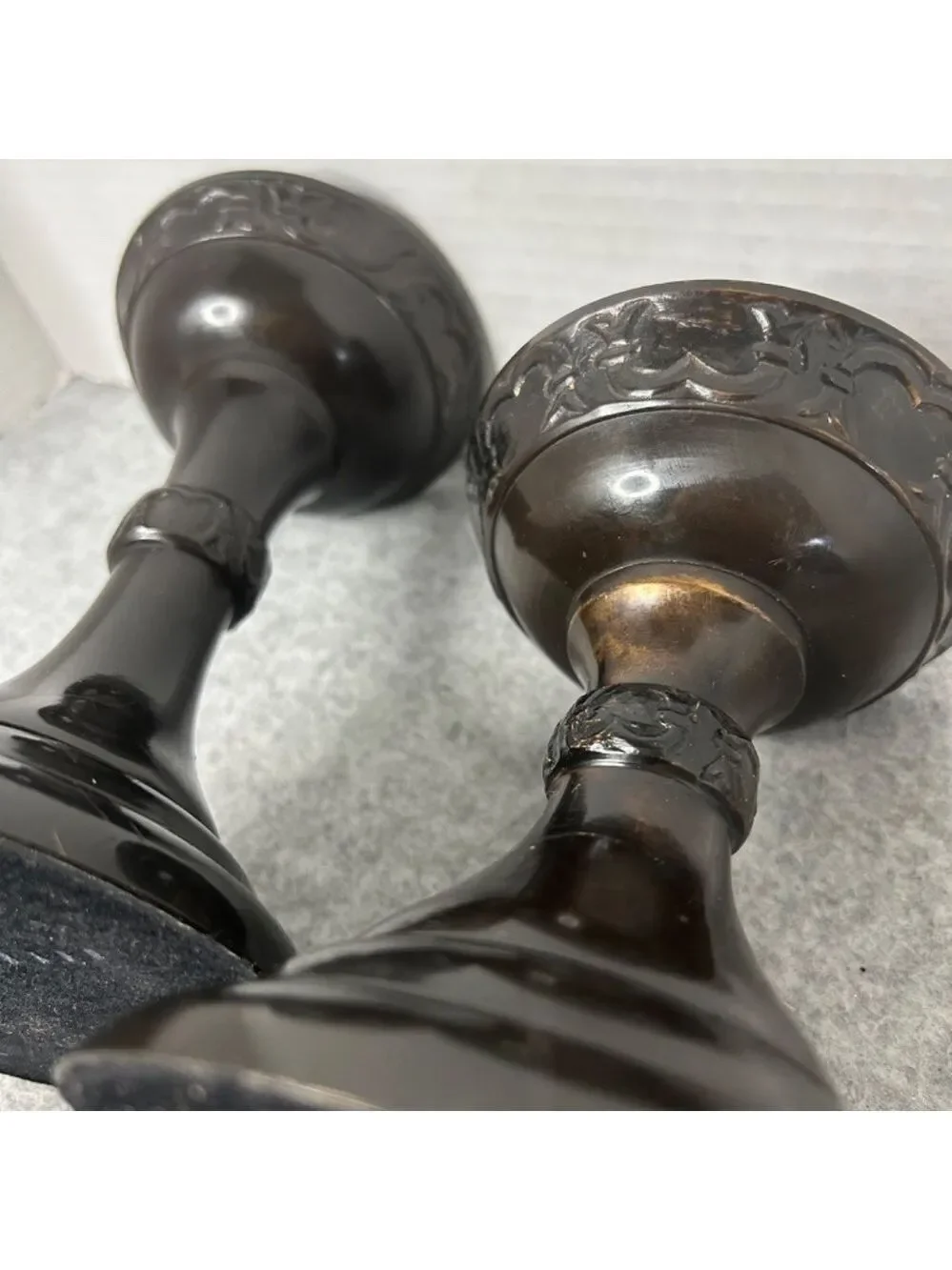 Pottery Barn Metal Candle Pillars Etched Set of 2 Black Brown Sml Flaw See Pic