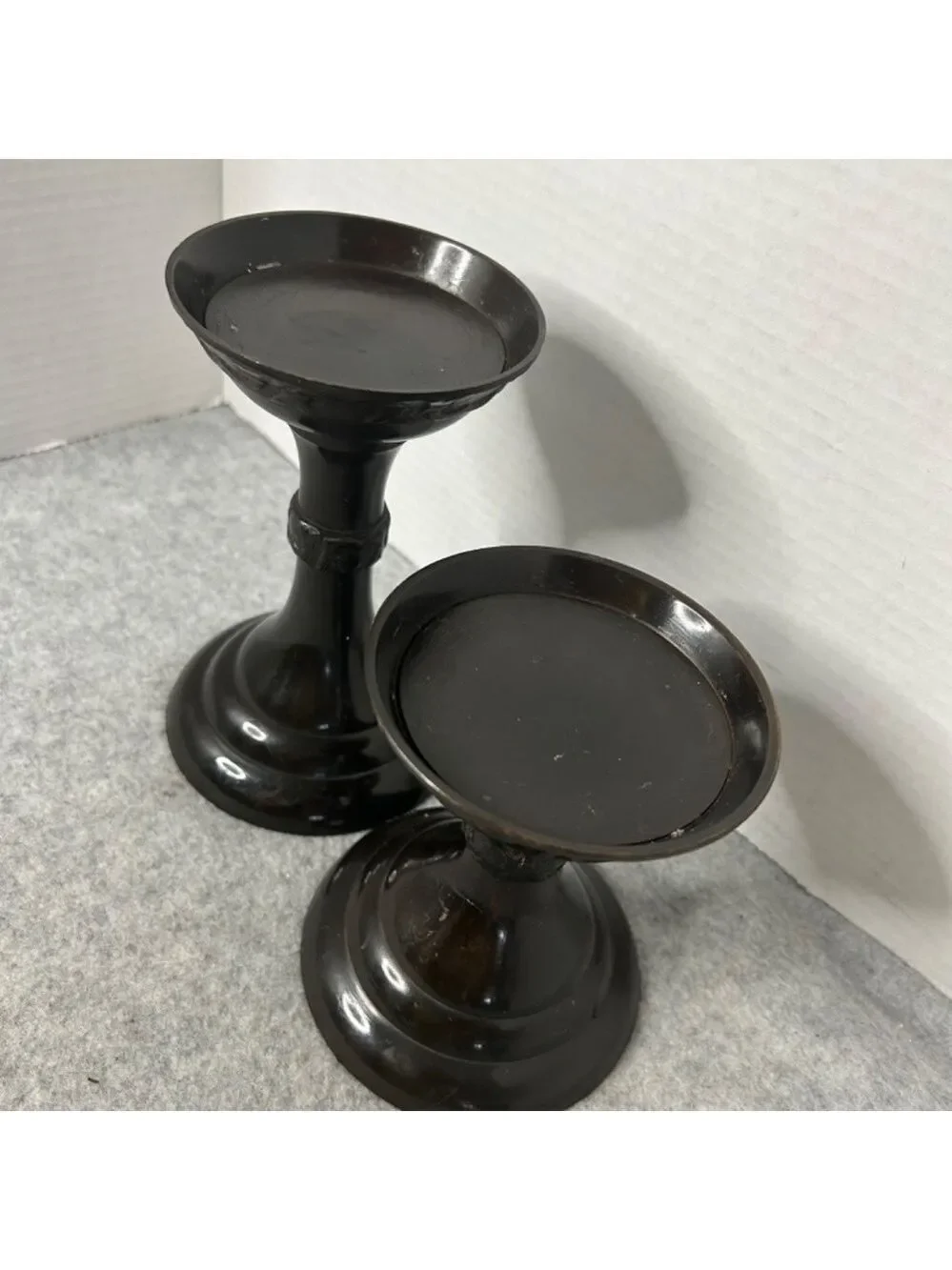Pottery Barn Metal Candle Pillars Etched Set of 2 Black Brown Sml Flaw See Pic