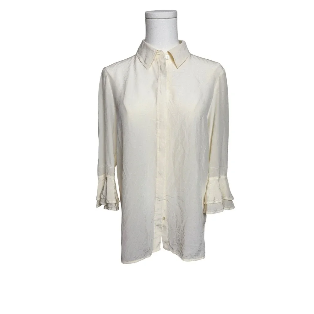 Tory‎ Burch Silk Ruffle Cuff Blouse Cream Ivory Button Down Shirt Size 8 49863