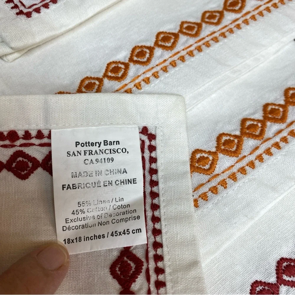 Vintage Pottery Barn (4)‎ Linen Cotton Napkins White Embroidered Border 18x18