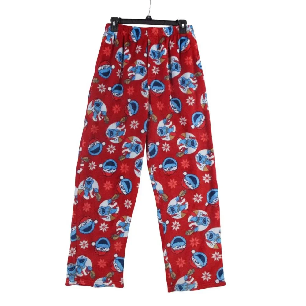 Sesame Street Red Fleece Pajama Pants With Cookie Monster & Snowflakes Small‎