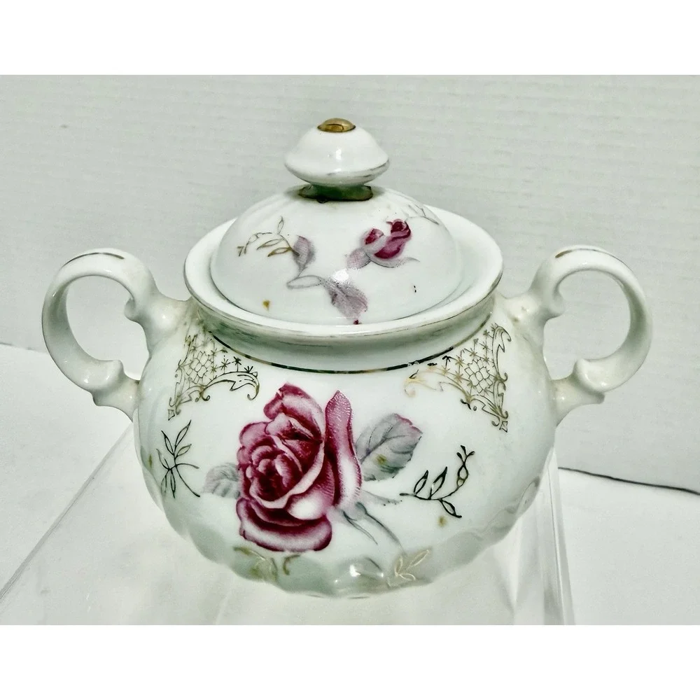 Vintage Japan Covered Sugar Bowl Pink Rose Floral Gold Trim Double Handle