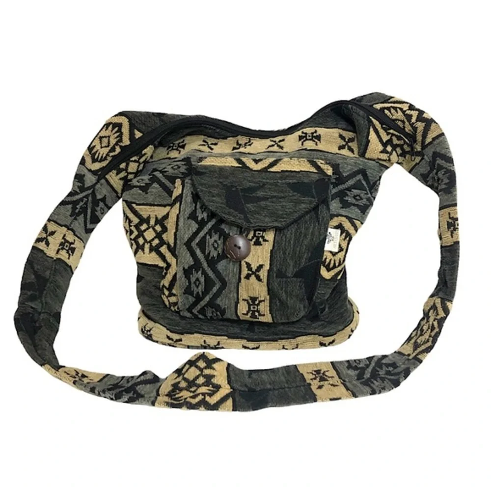 ARTESANY Wool Blend Ecuador Tribal Boho‎ Black Tan Gray Hobo Zipper Bag