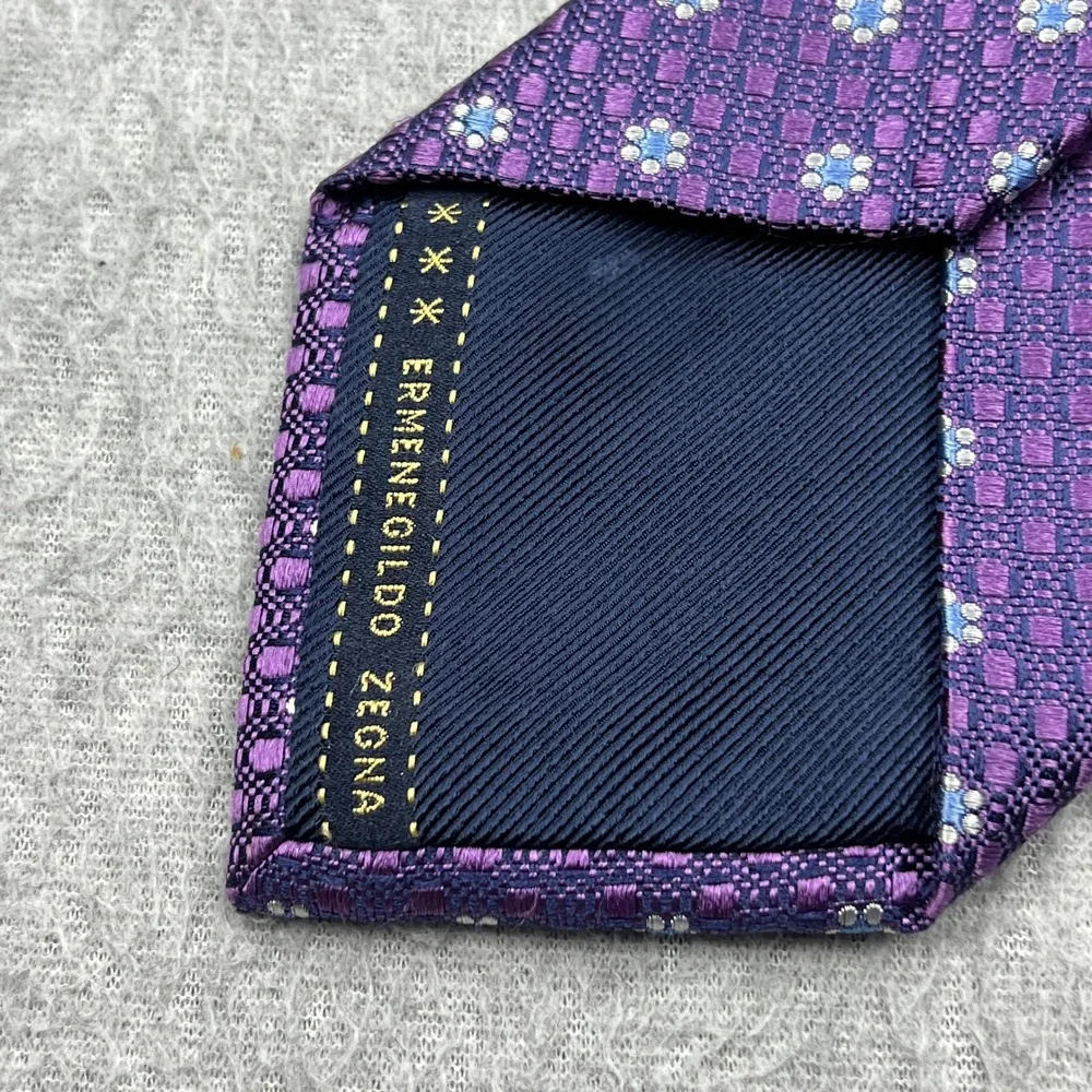 Ermenegildo Zegna Tie 100% Silk Purple Geometric Floral Woven Italy Made Luxury