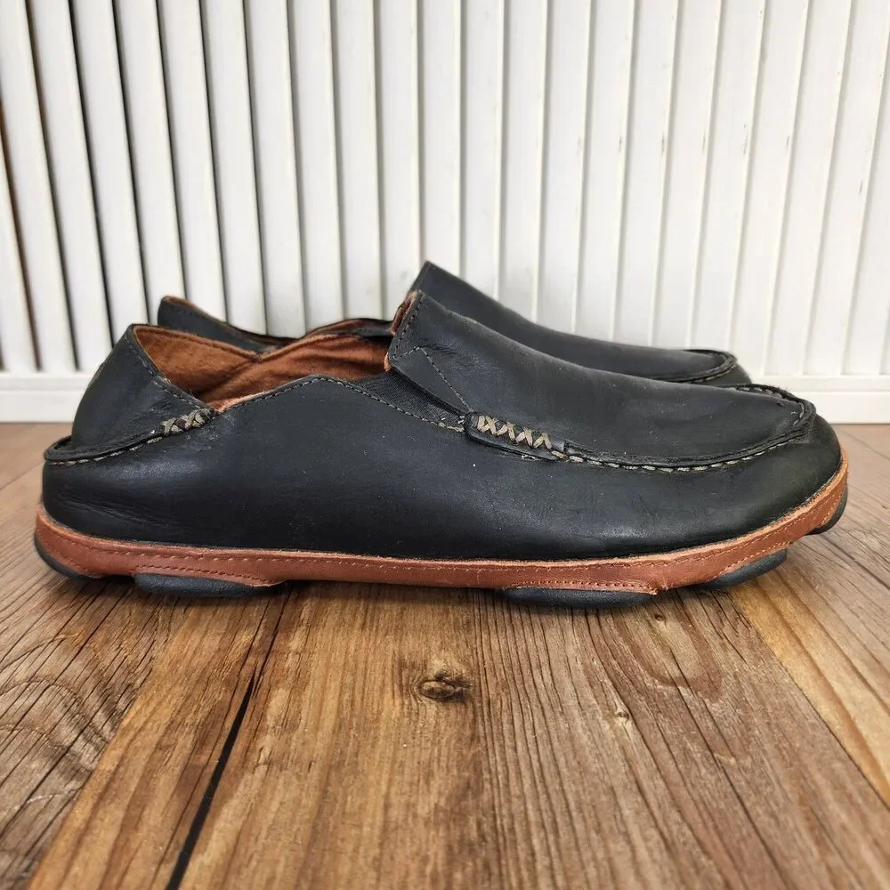 Olukai Moloa Leather Slip On Shoes Mens Sz 10 Black Brown Casual Moc Toe Loafers