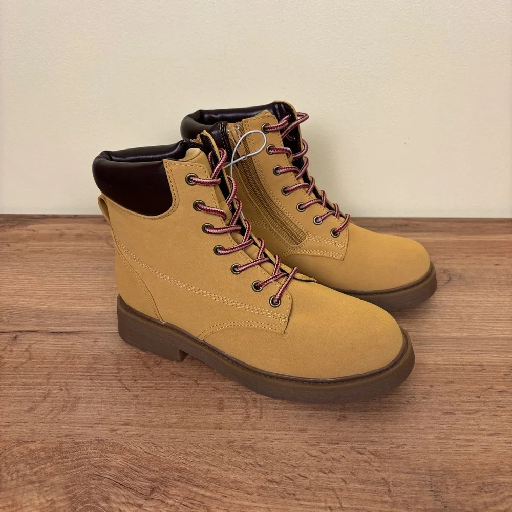 STEVE MADDEN JJumble Combat Boots Tan Kids Size 4 Side Zip Lace‎ Up Low Heel