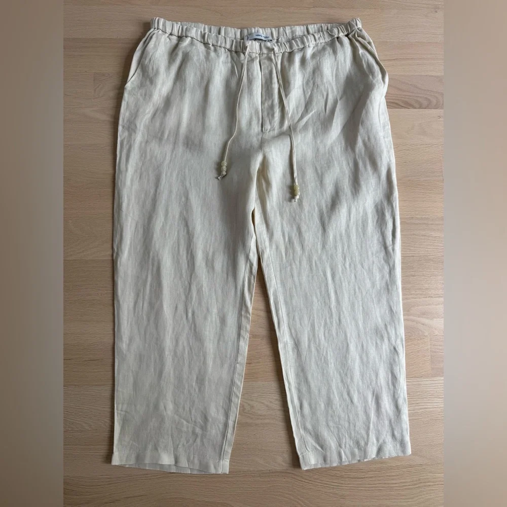 MANGO 100% linen tie waist ankle pants in tan Women's XXL Minimalist Casual NEW