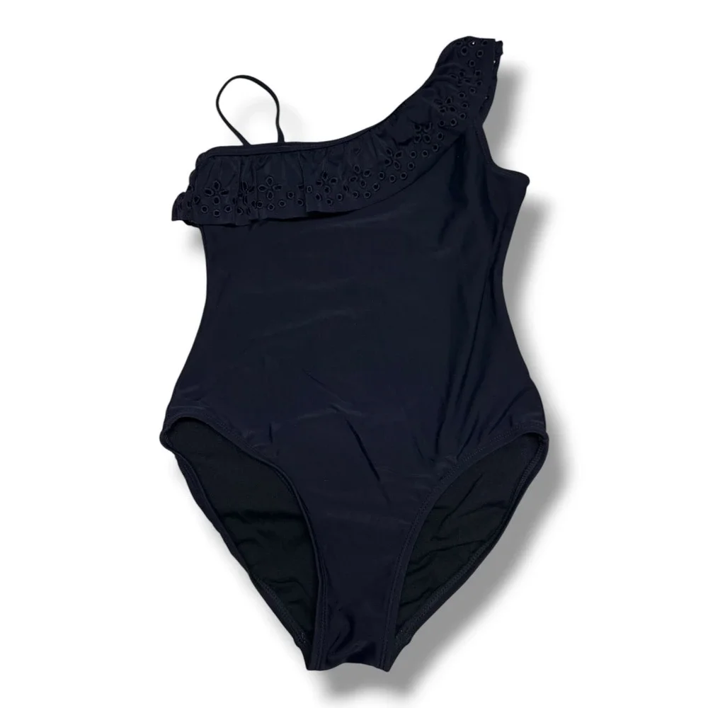 Gap GapKids Girls Navy Blue One Shoulder Eyelet Ruffle One Piece‎ Swimsuit M 8
