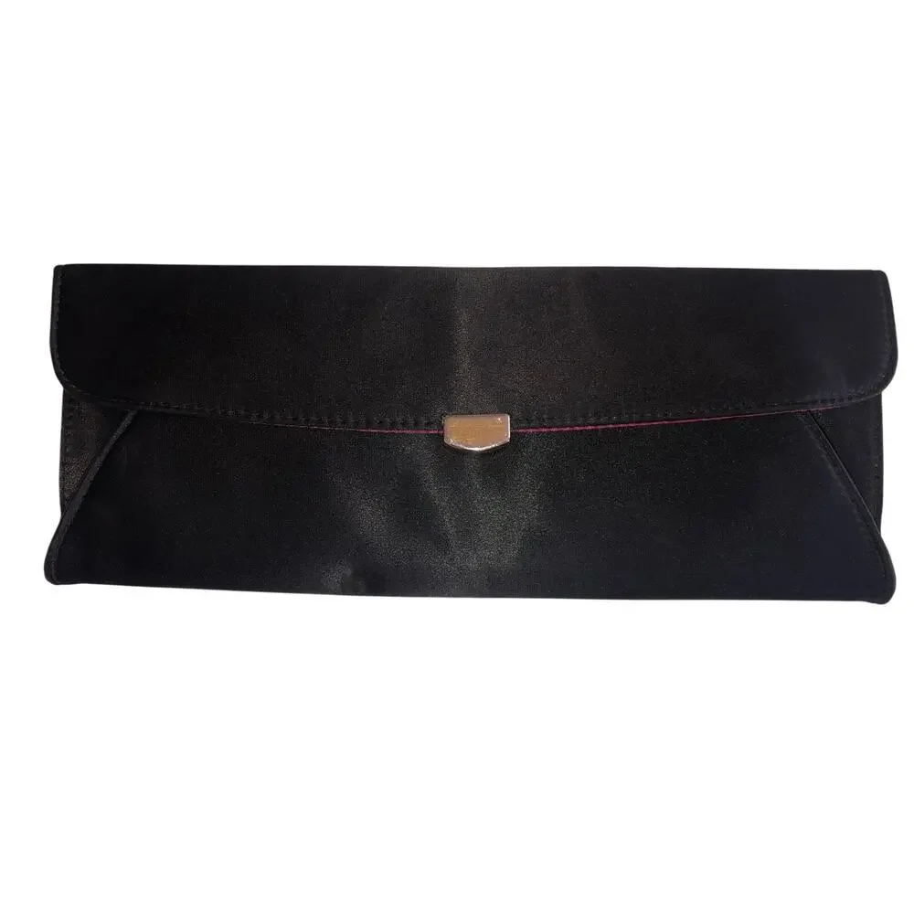 Black Satin Clutch Evening Bag Steven Kiss Lock Pink Lined Gold Avant Garde Vtg