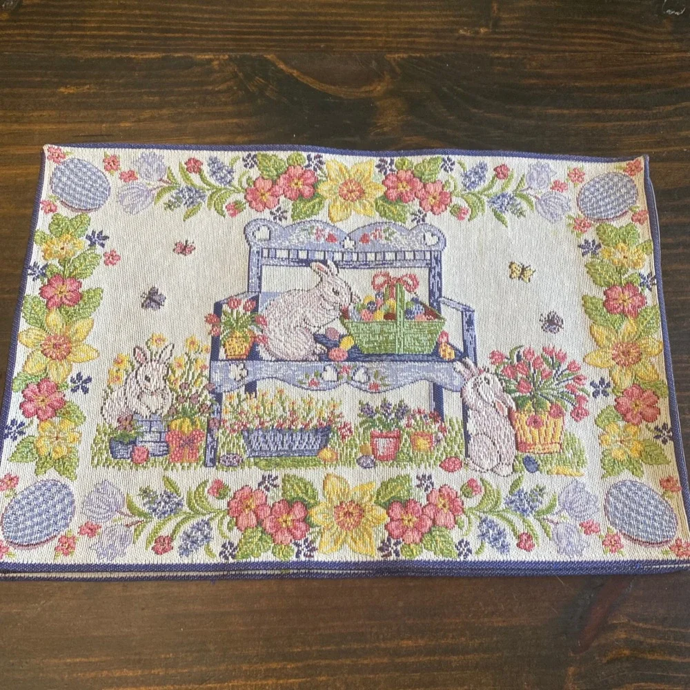 Set of 4 Easter Bunny Garden Woven Tapestry Placemats Spring Floral Blue