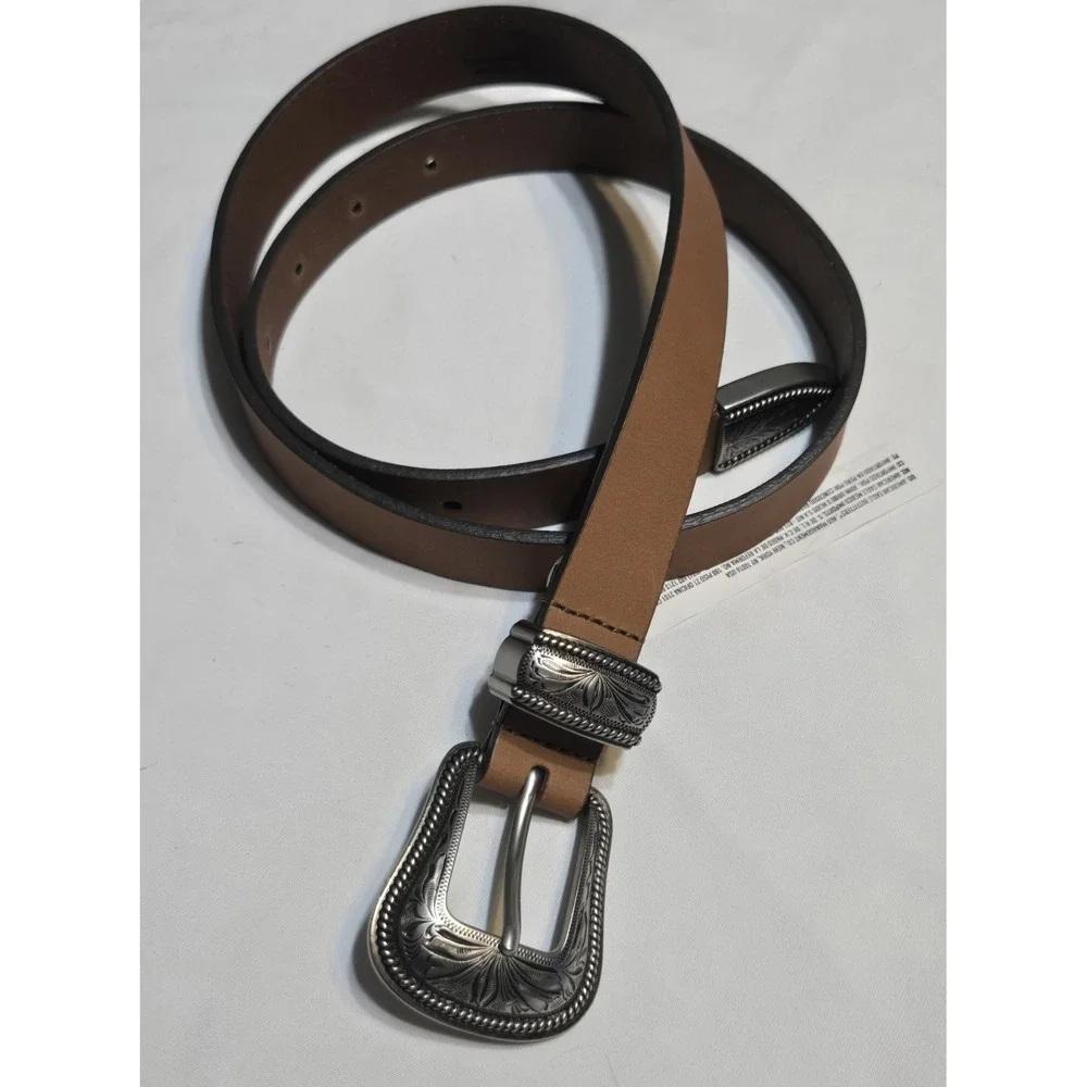 American Eagle Western Belt Brown Leather Silver Buckle Womens Med 28-34