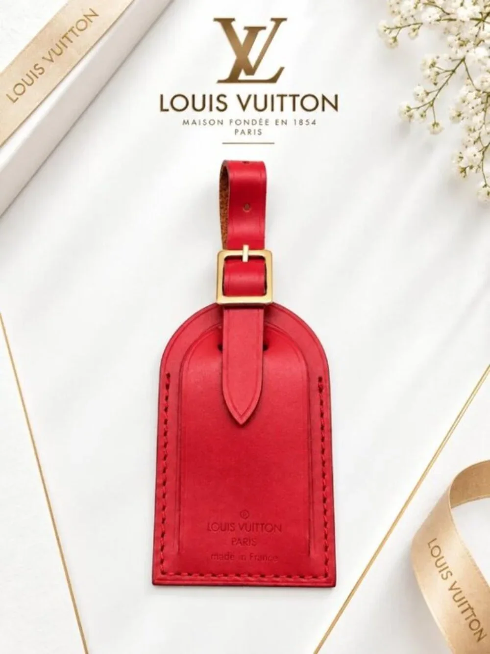 Authentic Louis Vuitton Red Leather Luggage Tag