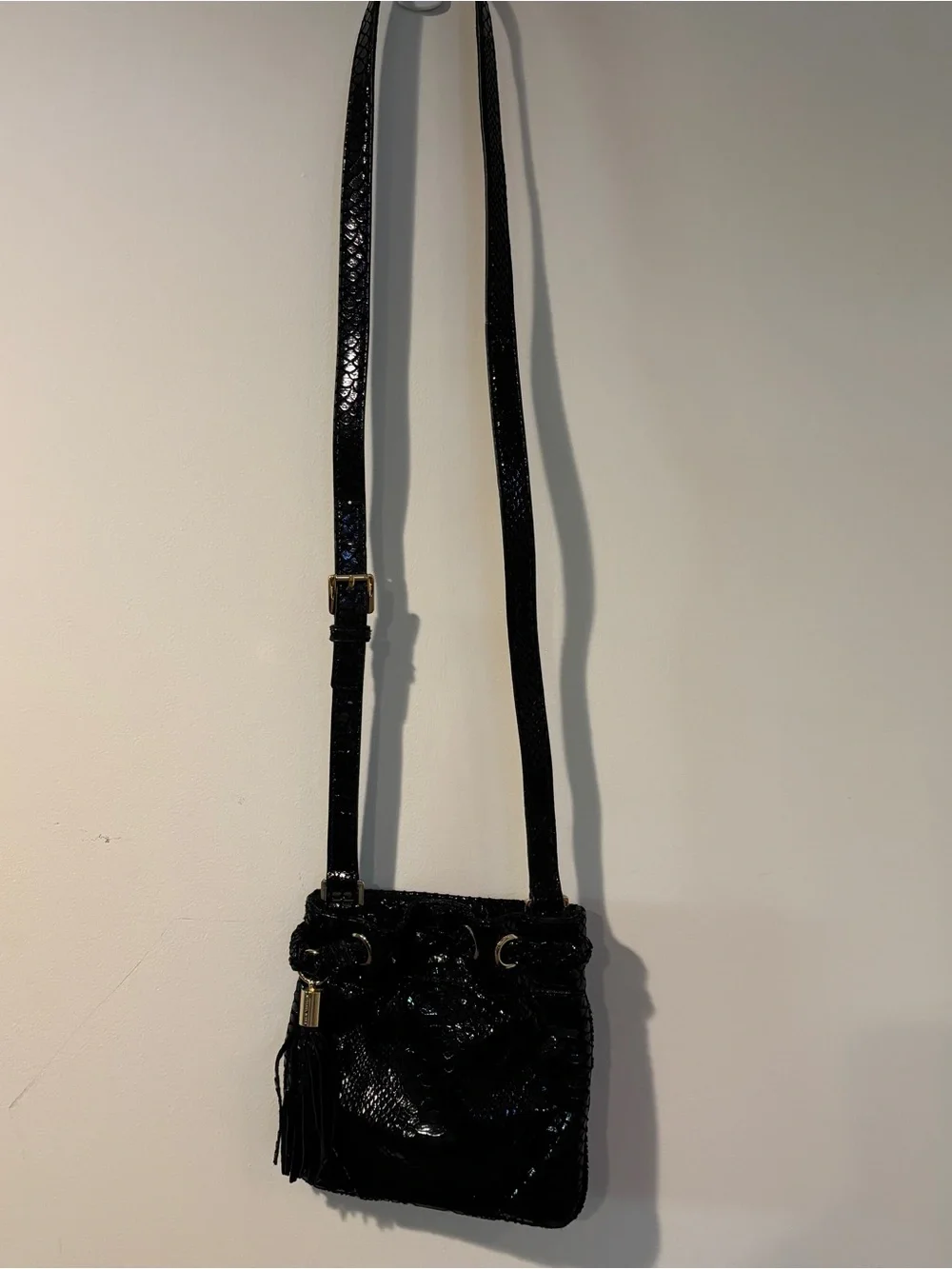 Michael Kors python-embossed black patent crossbody bag with gold hardware