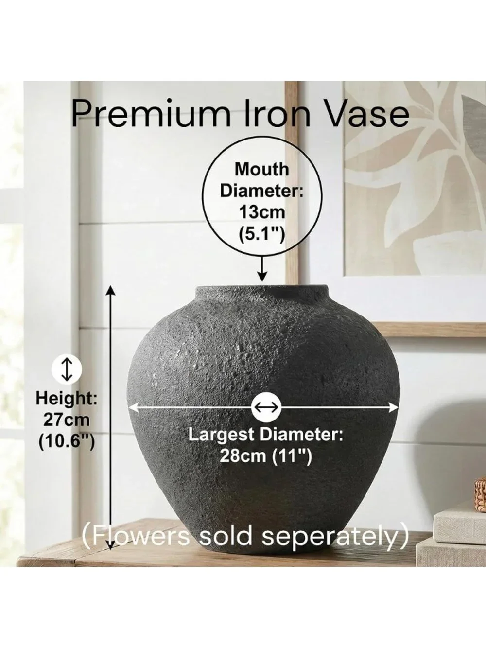 Large Black Round Big Vase Pottery Rustic Look Console Table Home Decoration