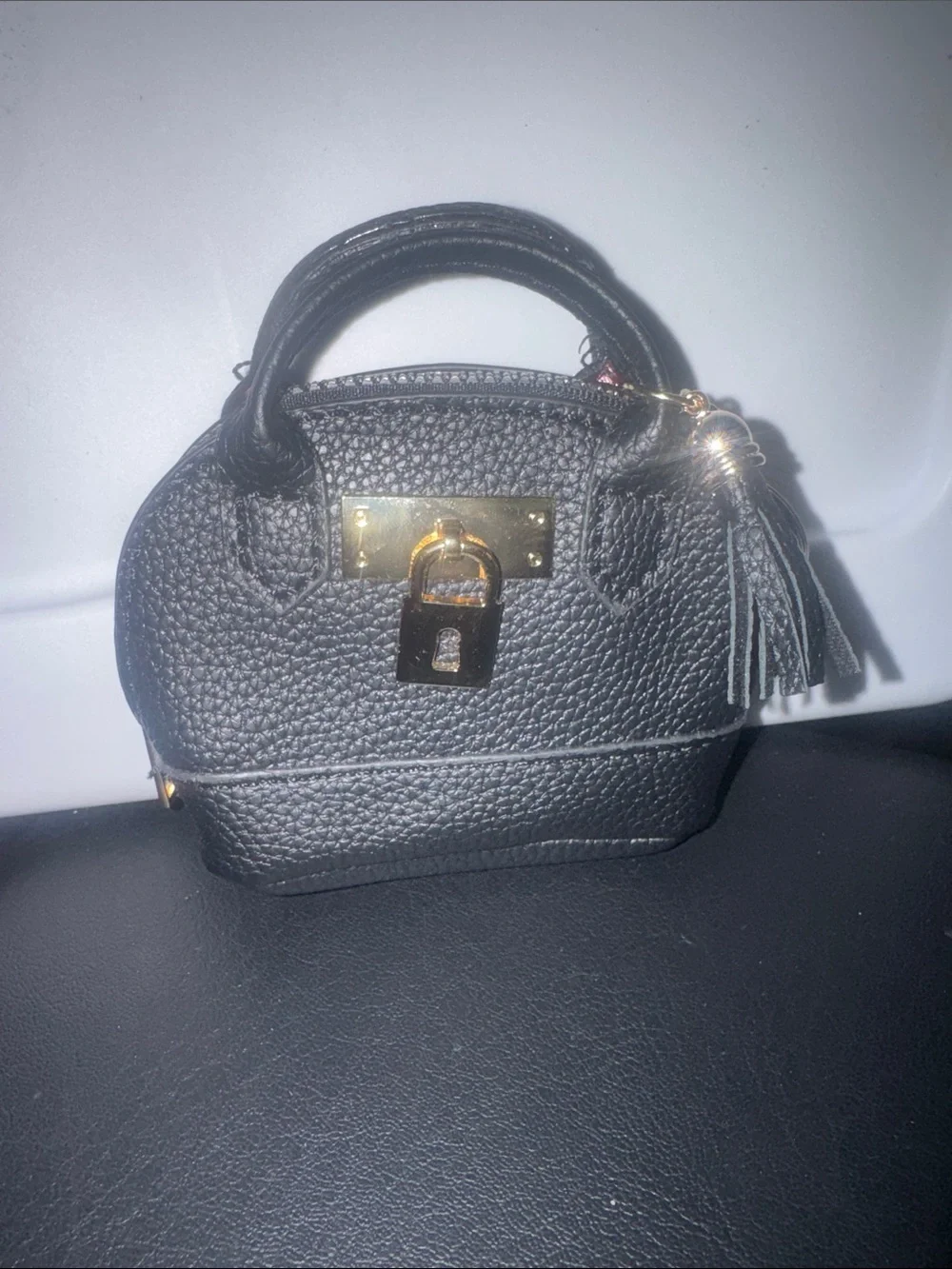 Black Textured Leather Mini Satchel Bag Charm with Gold Lock