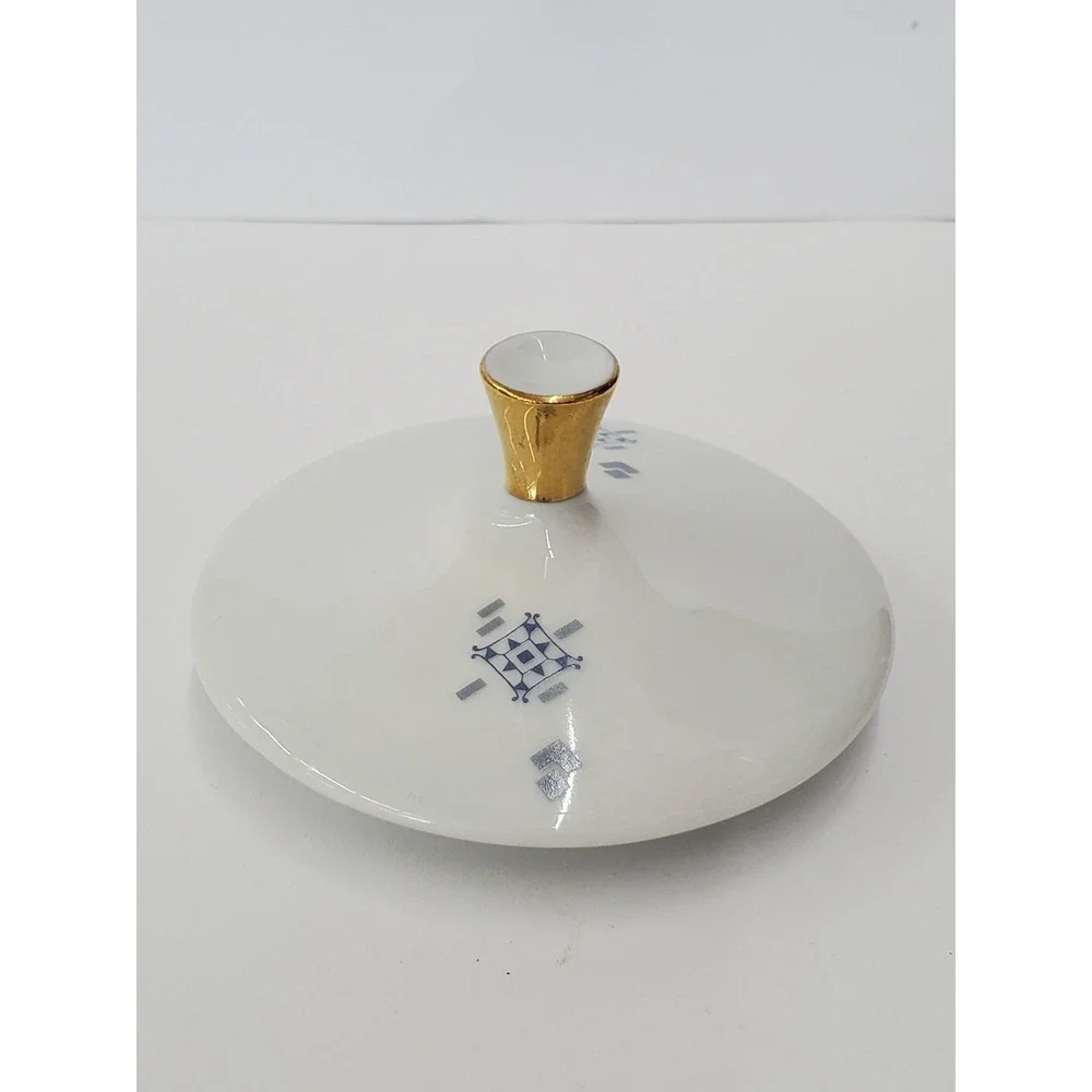 Vintage White Ceramic Replacement Lid Blue Silver Geometric Gold Finial 3.25in