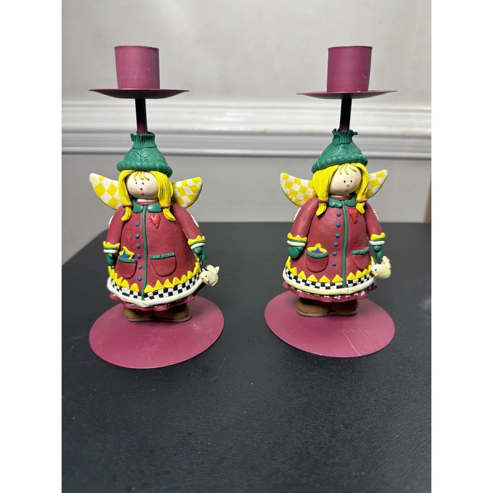 VTG set of 2 7in Debbie Mumm Angel Candle Holders Red Folk Art angel Bird Clay