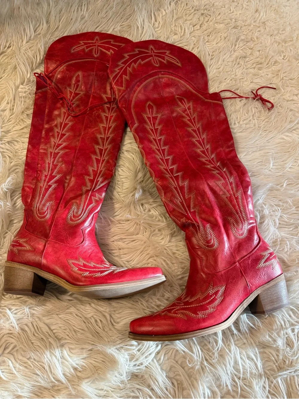 Women's Red Embroidered Western Knee-High Boots
