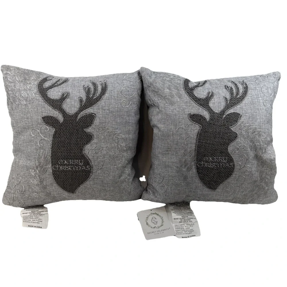 2-Secret‎ Celebrity Merry Christmas Gray Deer Embroidered Throw Pillows NWT