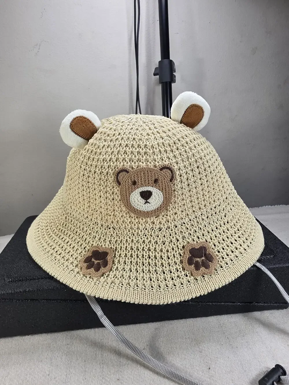 Baby Toddler Bear Bucket Hat Crochet Sun Hat with Ears Paw Beige Adjustable
