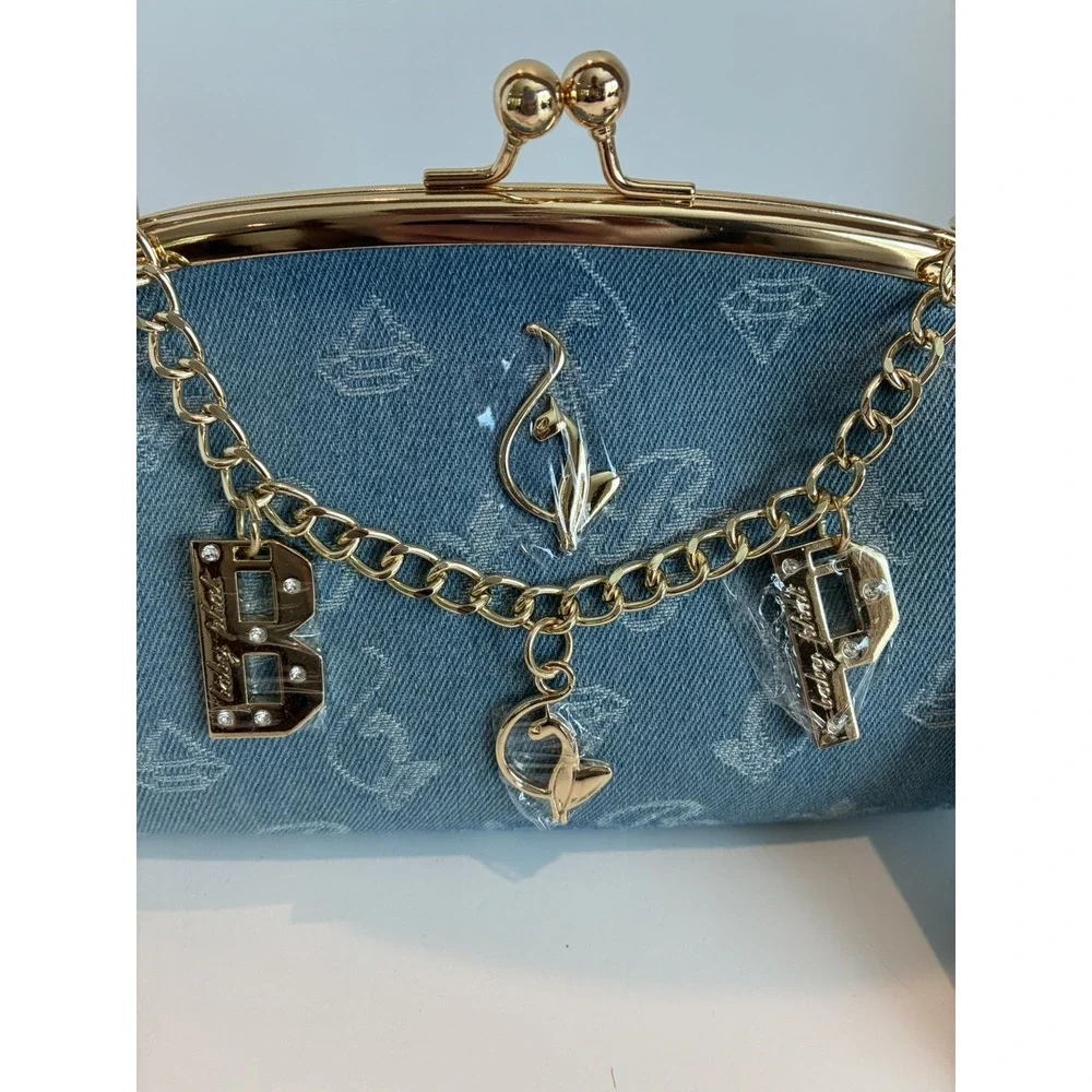 Baby Phat Light Blue Monogram Kiss Lock Clutch w/ Gold Chain Strap Charm. Lined