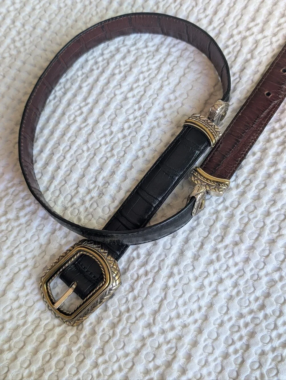 Vintage BRIGHTON Marcus Two Tone Croc Leather Belt Heart Concho 40210 Size 32