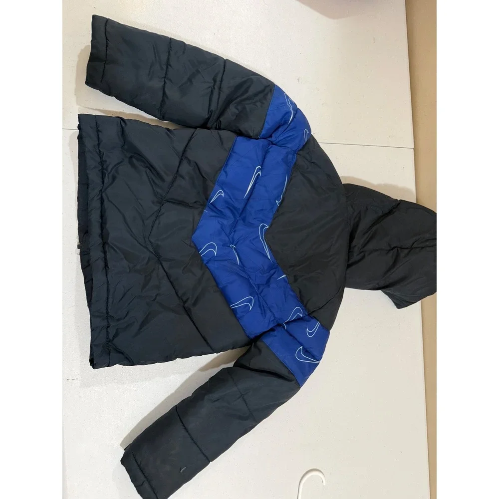 Nike Boys Puffer Jacket Black Blue Swoosh Hooded Winter Coat Size 7 L G 6-7 YRS