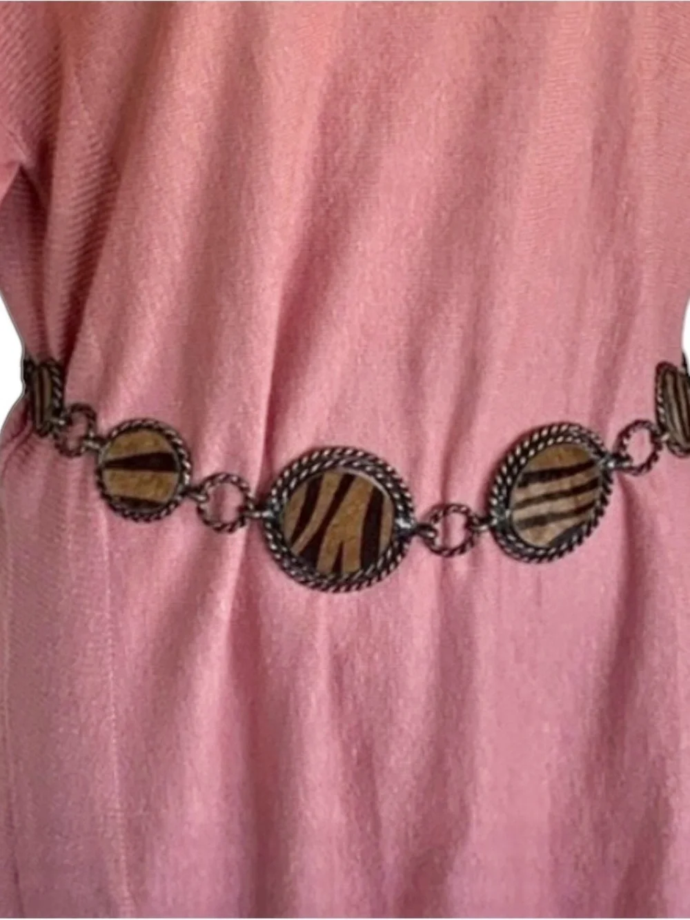 VINTAGE CONCHO CHAIN BELT 8 tiger print calf hair brass medallions. OSFM EUC