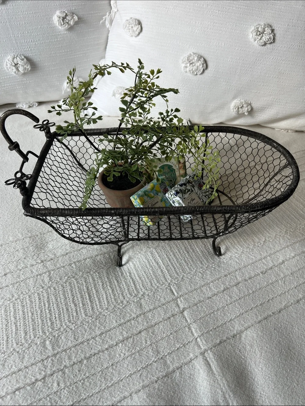 Vintage, French Country style Black Wire Mesh Bathtub Decorative Basket