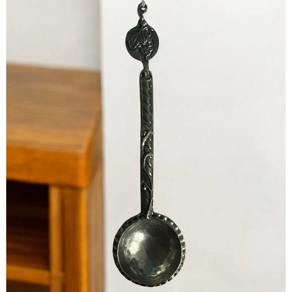 Vtg Ornate Pewter Silver Hanging‎ Decorative Measuring Spoon Set On Hanger