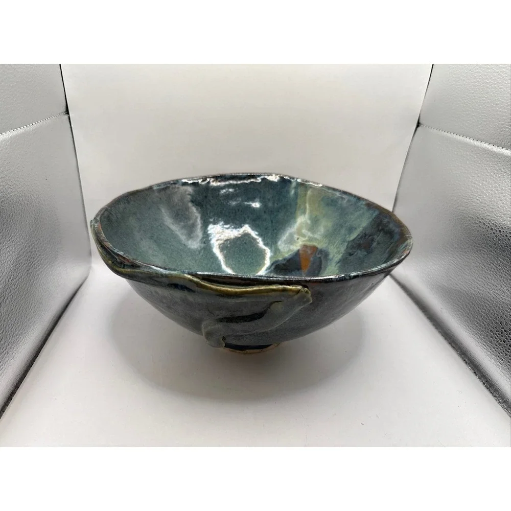 Hand Made Pottery Bowl, JS Signed Blue Green Color Textured Abstract 10