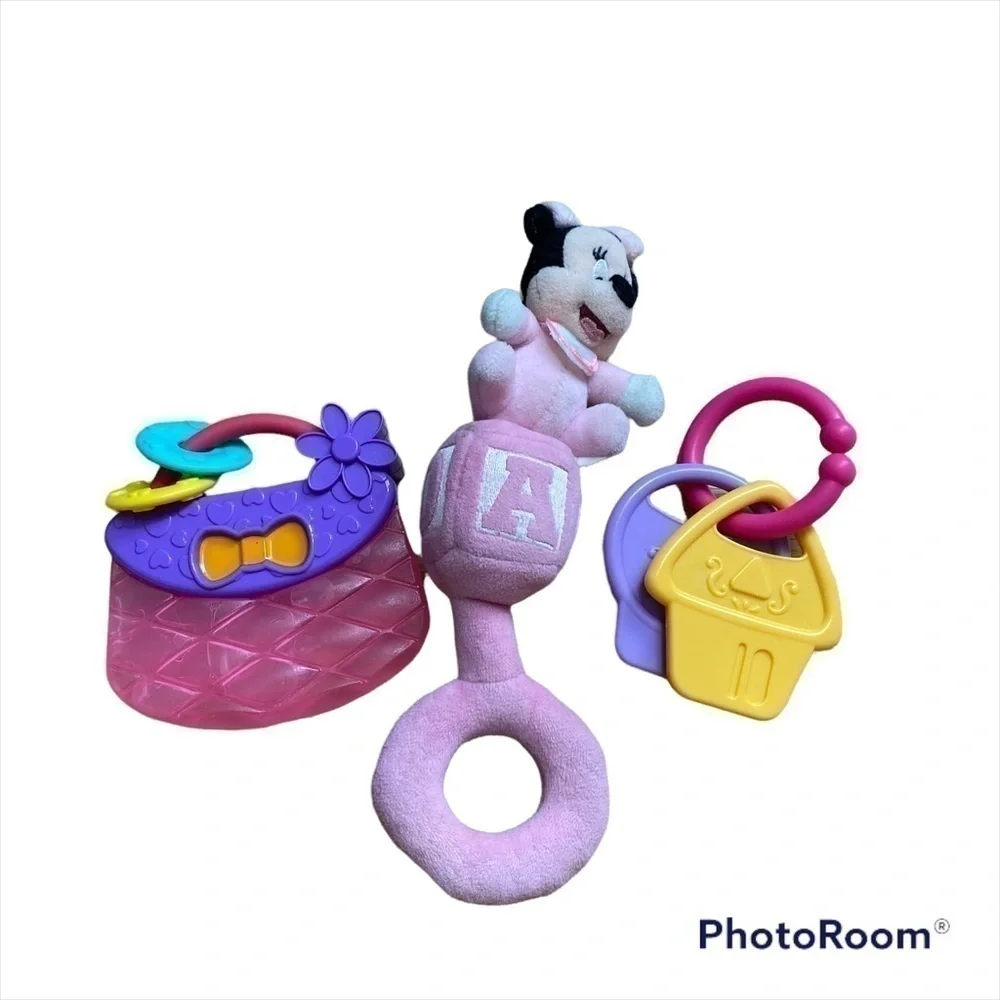 Disney Minnie Mouse Baby Toys Purse Teether Plush Rattle Keys Baby