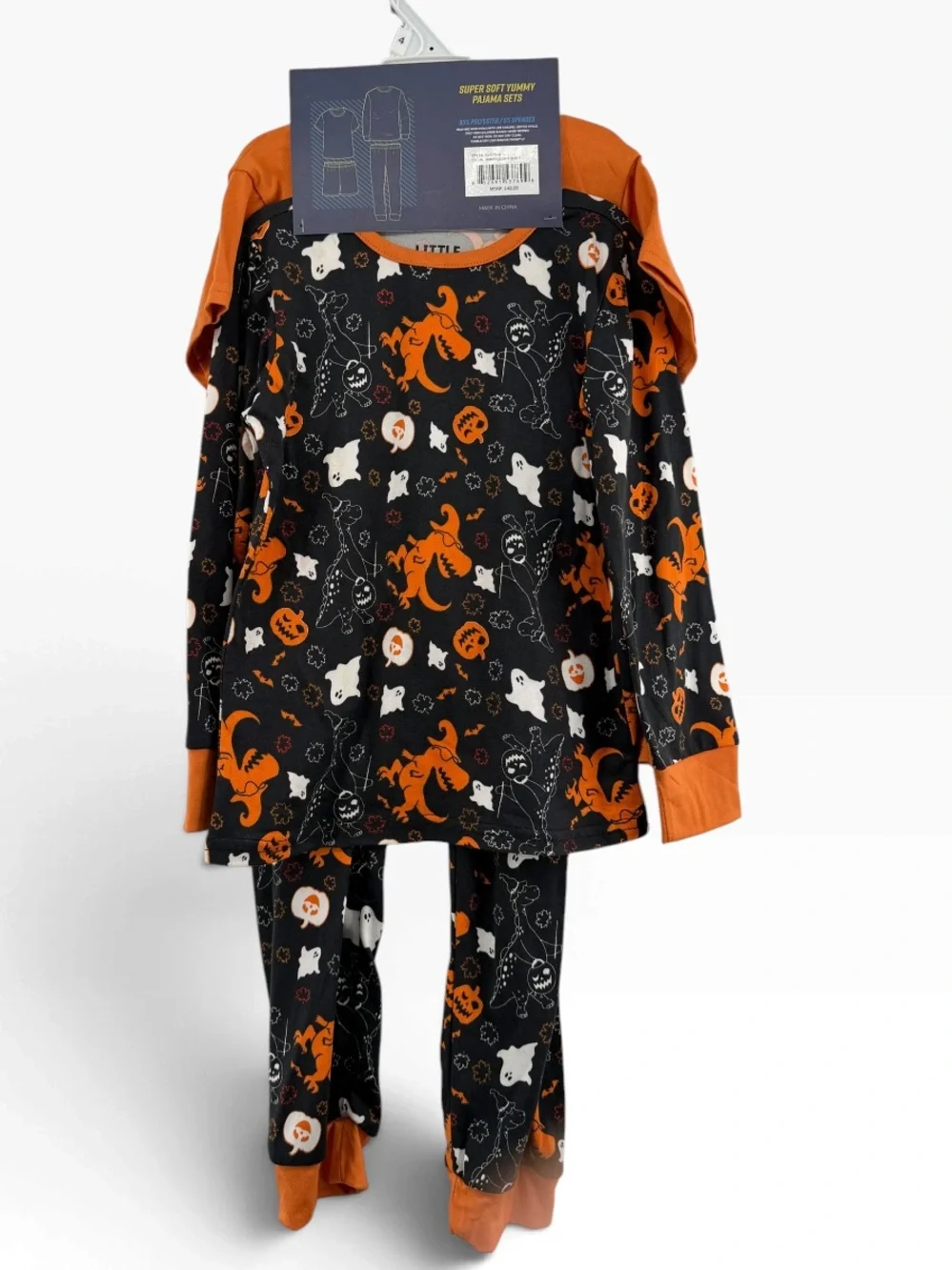 2 sets Orange & Black Halloween Dino Pajama Set for Kids