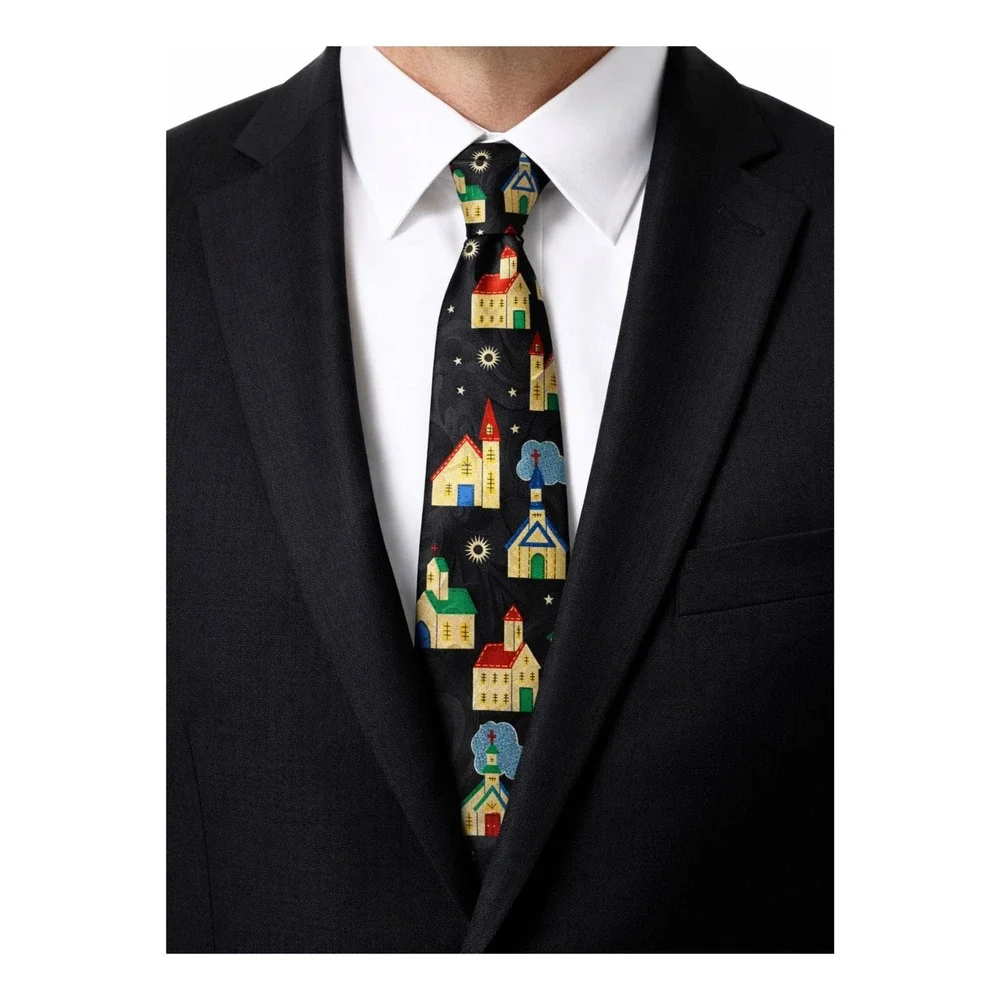 Vintage Novelty Church Necktie -‎ Folk Art Celestial Religious print