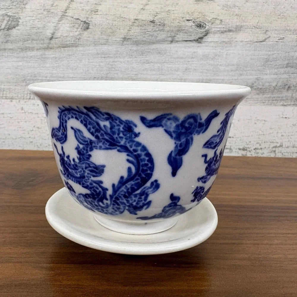 Vintage Chinese Blue Porcelain Dragon Bowl Cobalt Blue with‎ Base 3.5