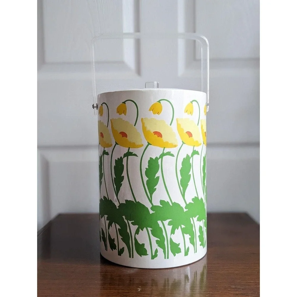 Vtg 1970s Ice Bucket Yellow Poppies Floral Print Padded Vinyl Retro Mid Century