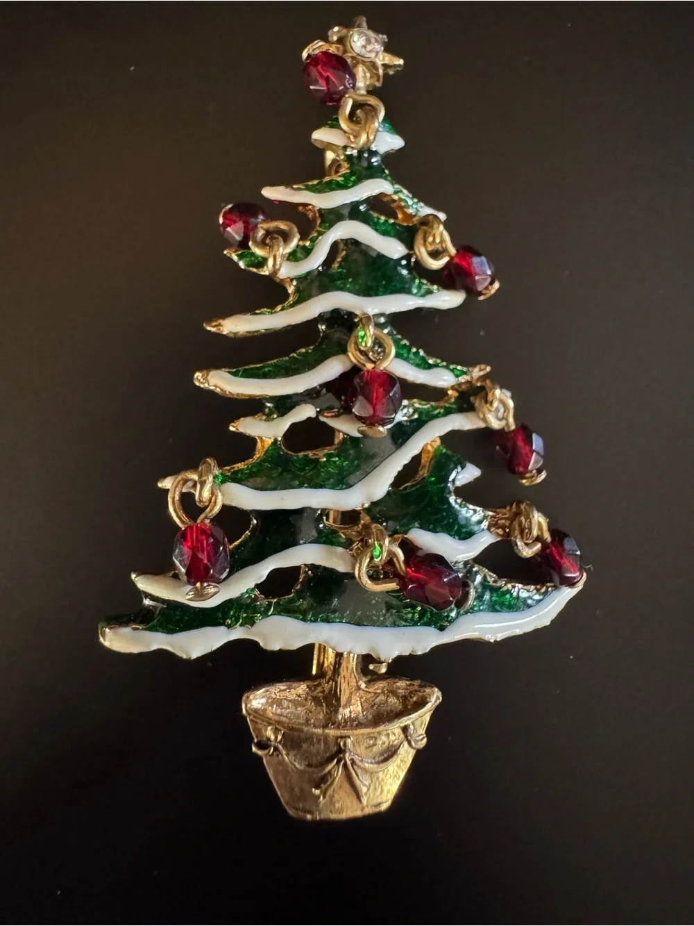 Vintage Avon Christmas Tree Brooch - Enamel & Dangling Red Glass