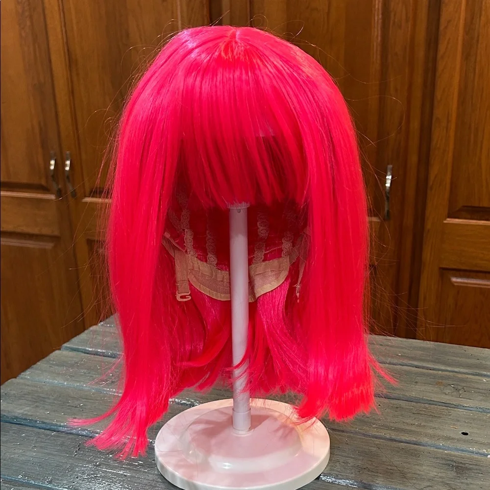 NWOT Bright Pink Synthetic Wig w/ Bangs Open Mesh Cap Adjustable Strap