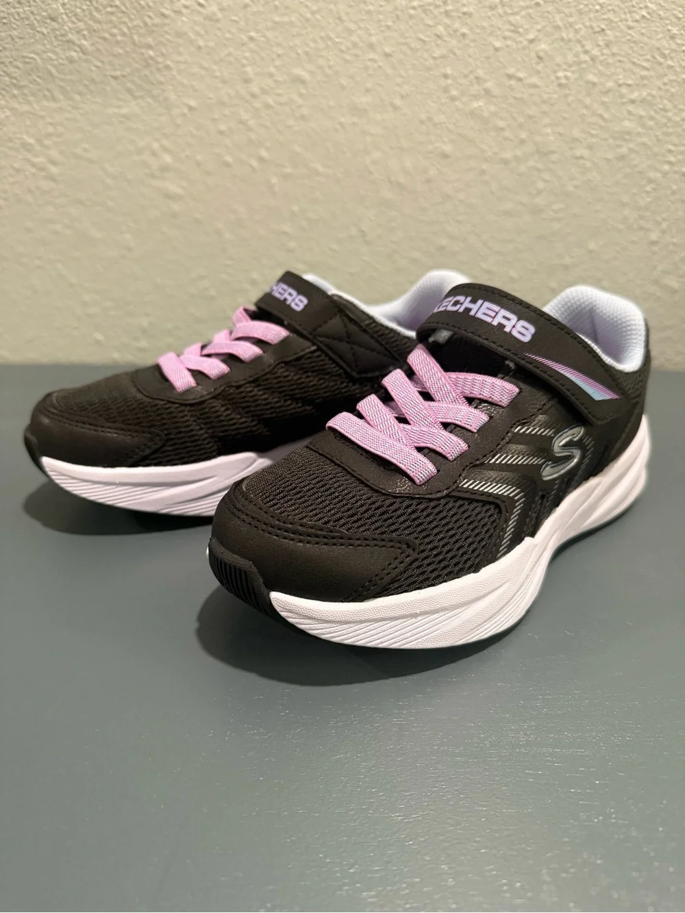 NWOT - Skechers Kids Black Sneakers with Pink/Purple Accents - size 13