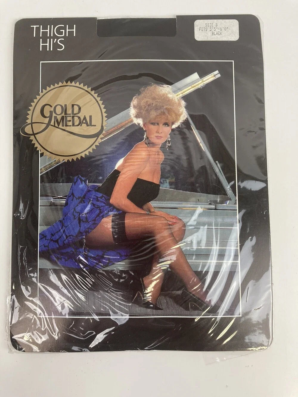 VTG 80s NOS Gold Medal Thigh Hi Black Nylon Stocking Pantyhose Sz B - 5'5