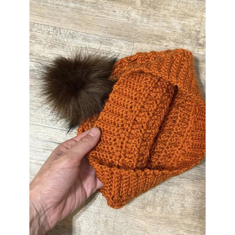 New Hand Crocheted Waffle Orange Acrylic Faux Fur Pom Pom Beanie Hat Women