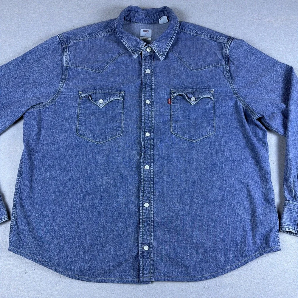 Levis Pearl Snap Shirt Mens Extra Large Blue Long Sleeve Denim Western Standard