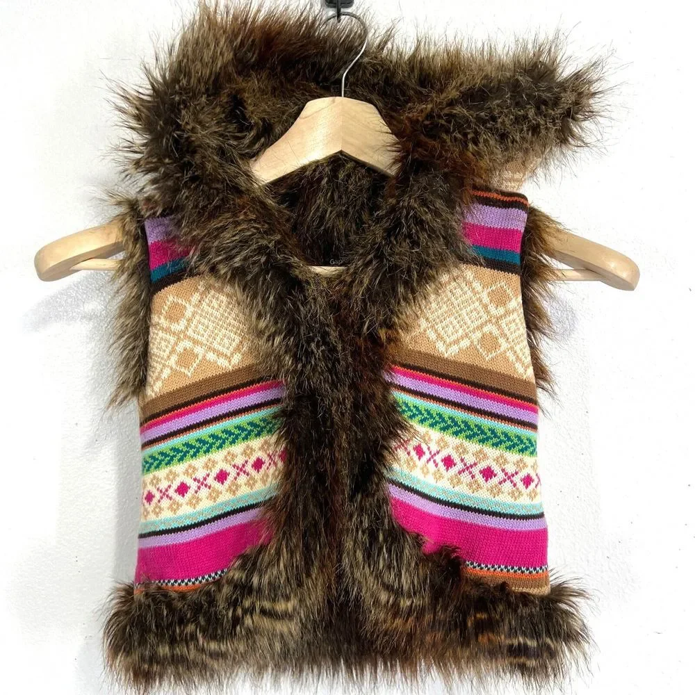 GapKids Medium Multi Color Knit sweater‎ Vest Fux Fur lining & hoodie Tribal