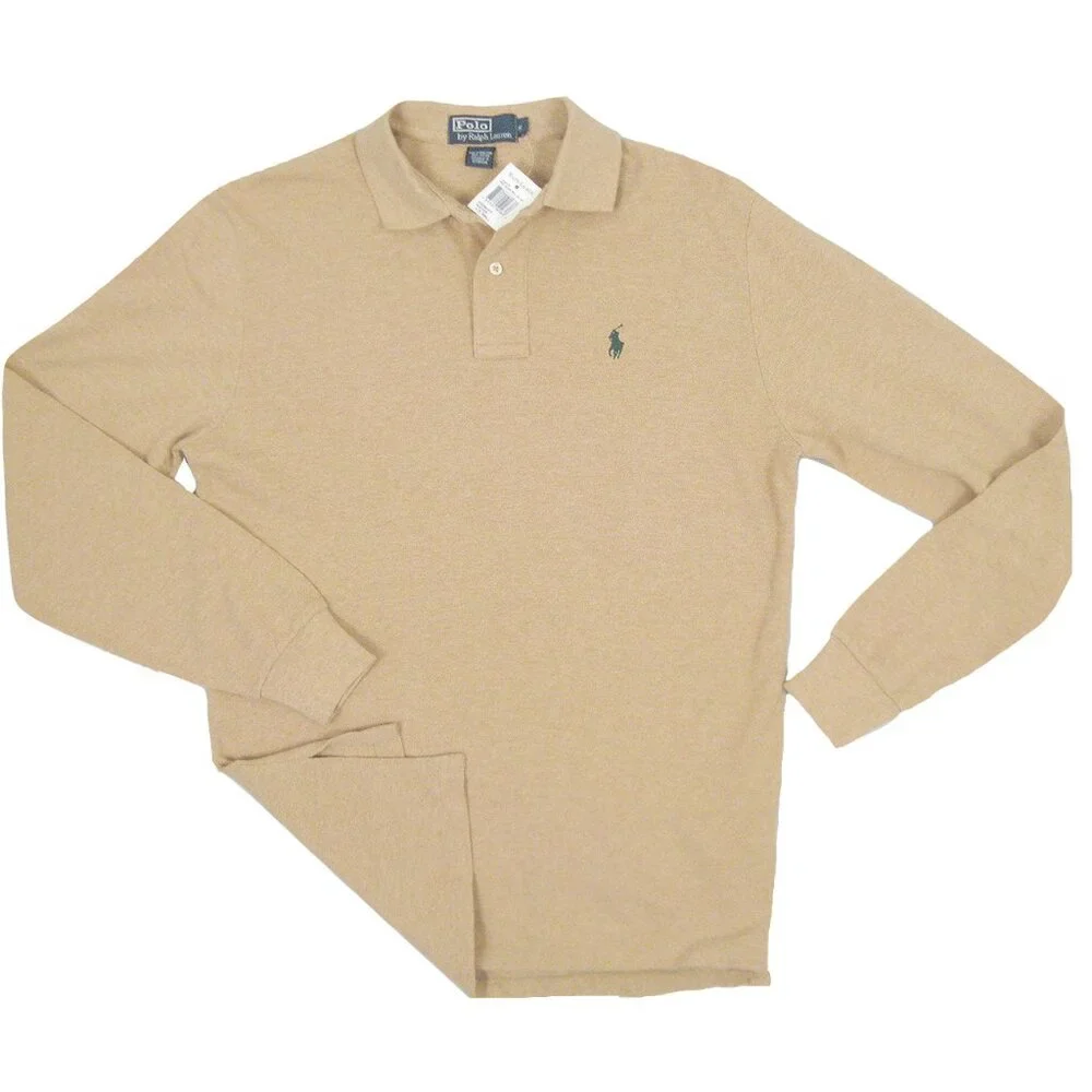 NEW! Polo Ralph Lauren Long Sleeve Polo Shirt! Sm Tan Green Player Cotton Pique