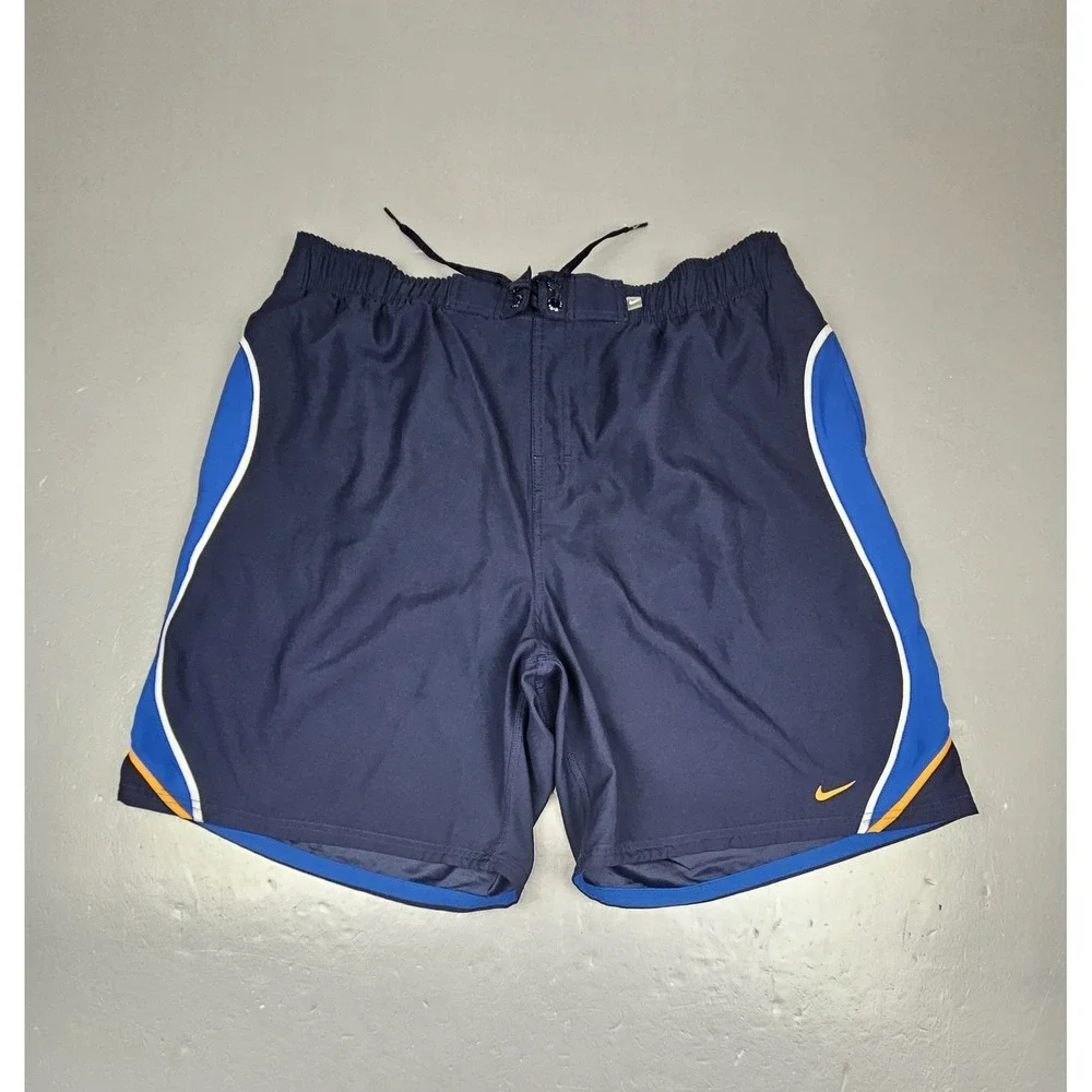 Vintage Nike Swim Trunks Mens 2XL Navy Blue Orange Zip Rear Pocket‎ Drawstring