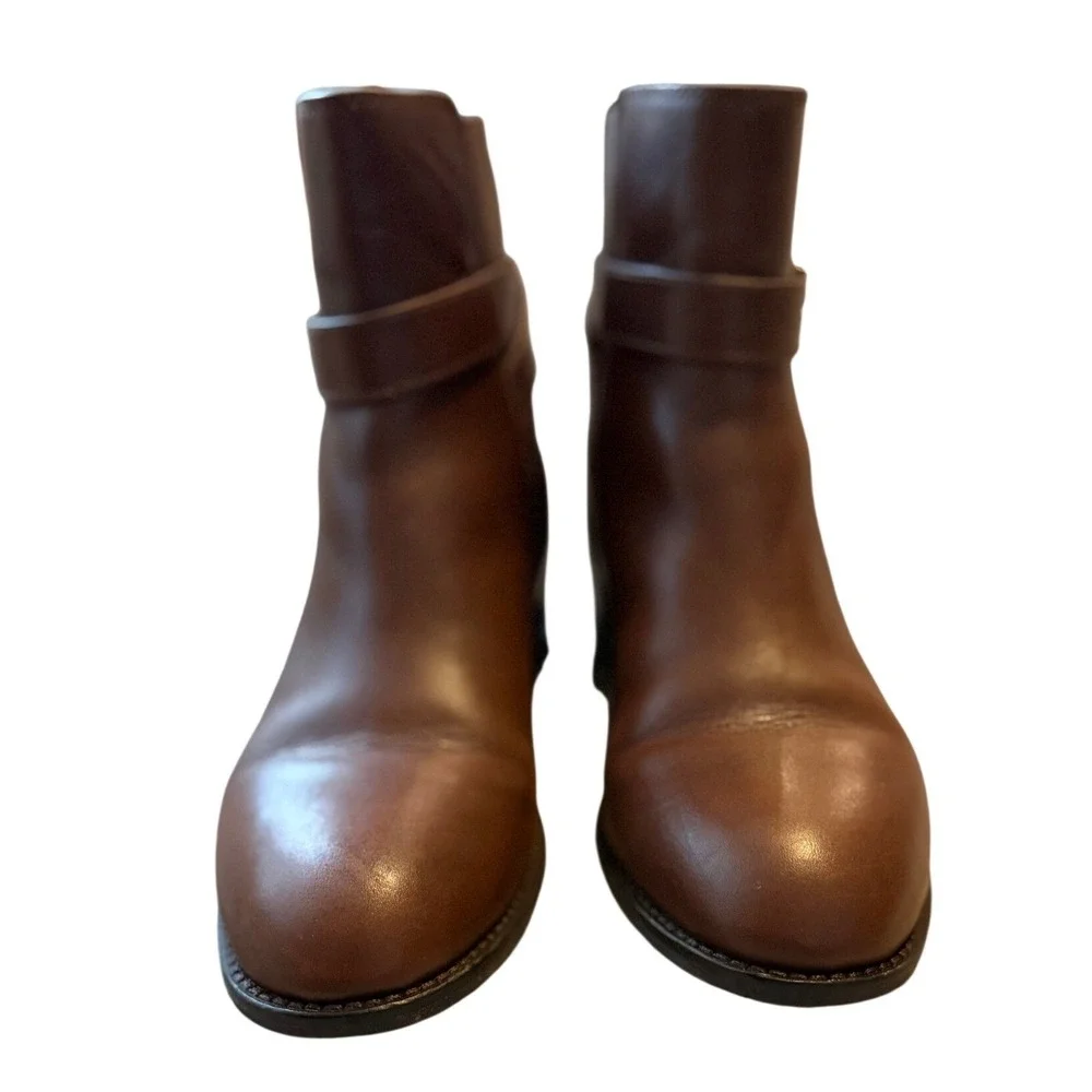 Tory Burch Brooke Brown Calf Leather Ankle Bootie Gold Logo Womens 7