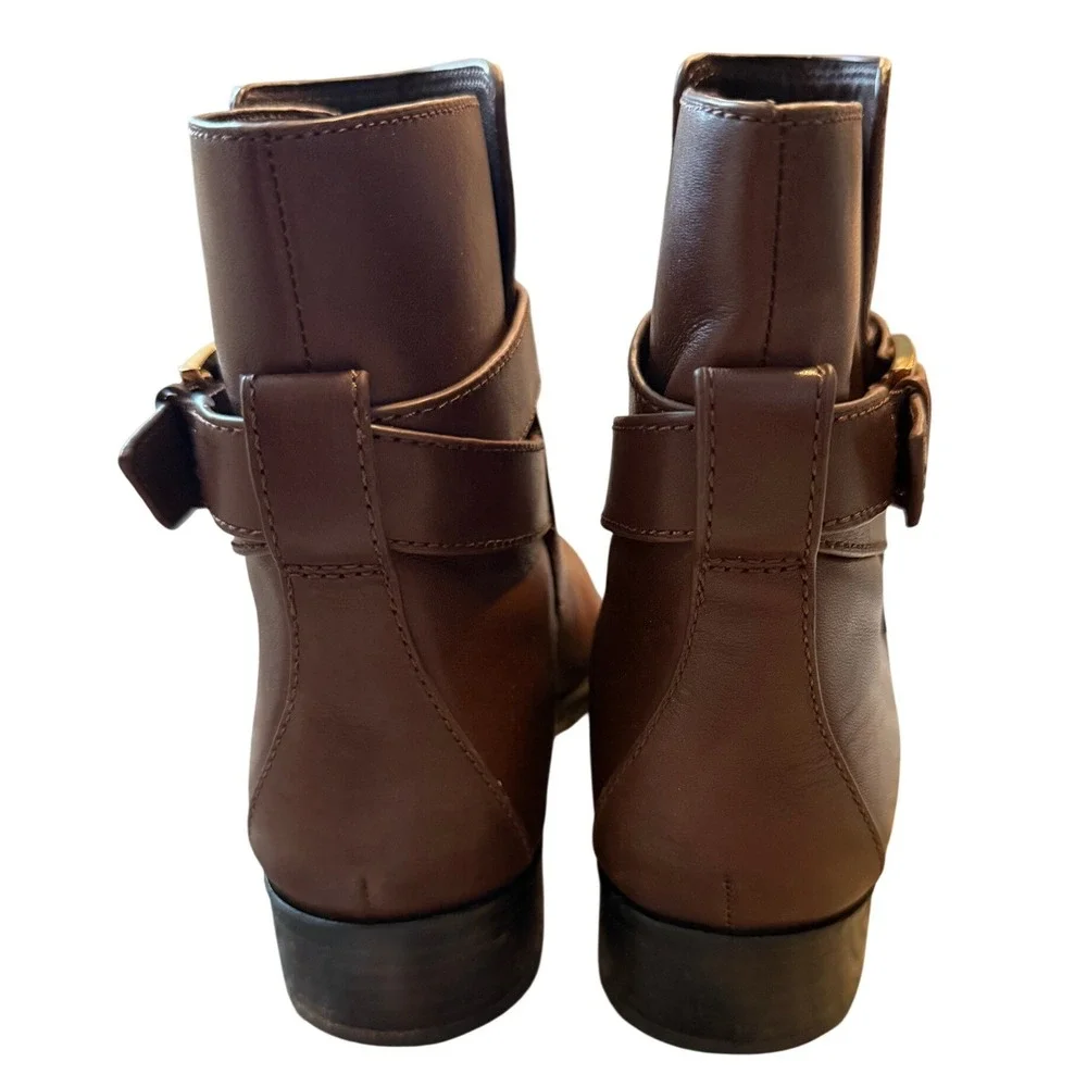 Tory Burch Brooke Brown Calf Leather Ankle Bootie Gold Logo Womens 7
