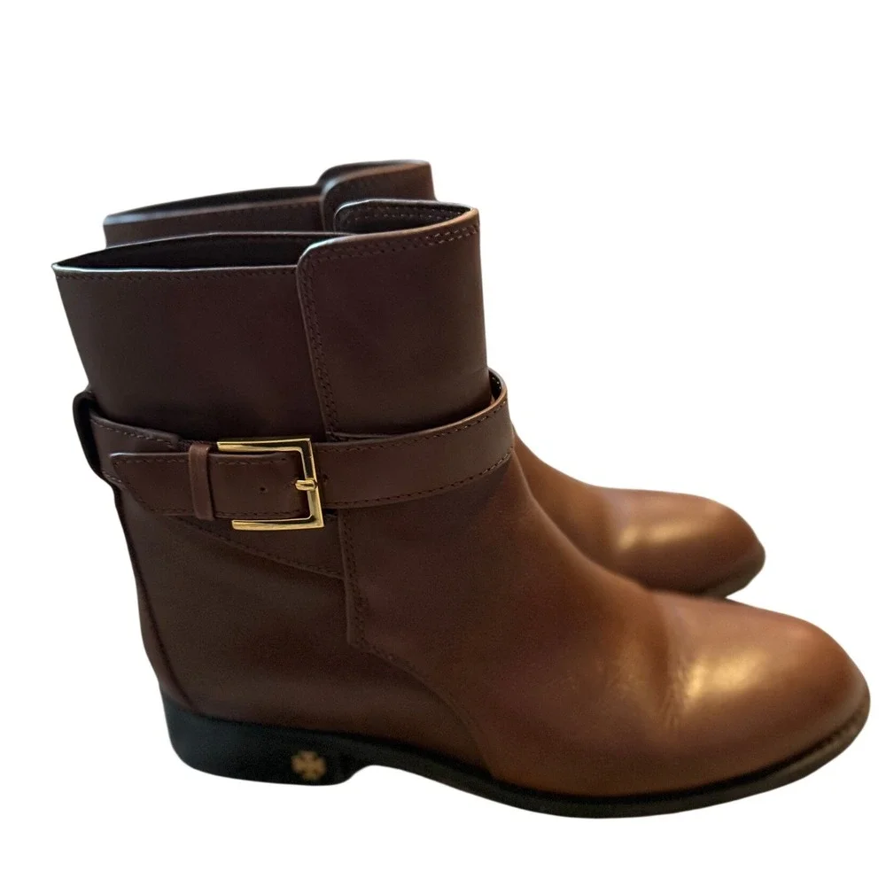 Tory Burch Brooke Brown Calf Leather Ankle Bootie Gold Logo Womens 7