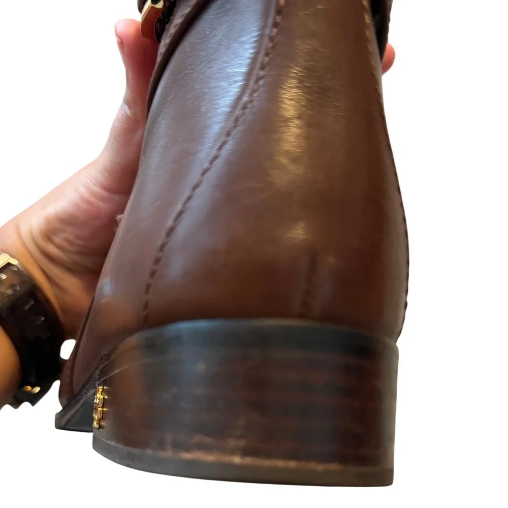 Tory Burch Brooke Brown Calf Leather Ankle Bootie Gold Logo Womens 7