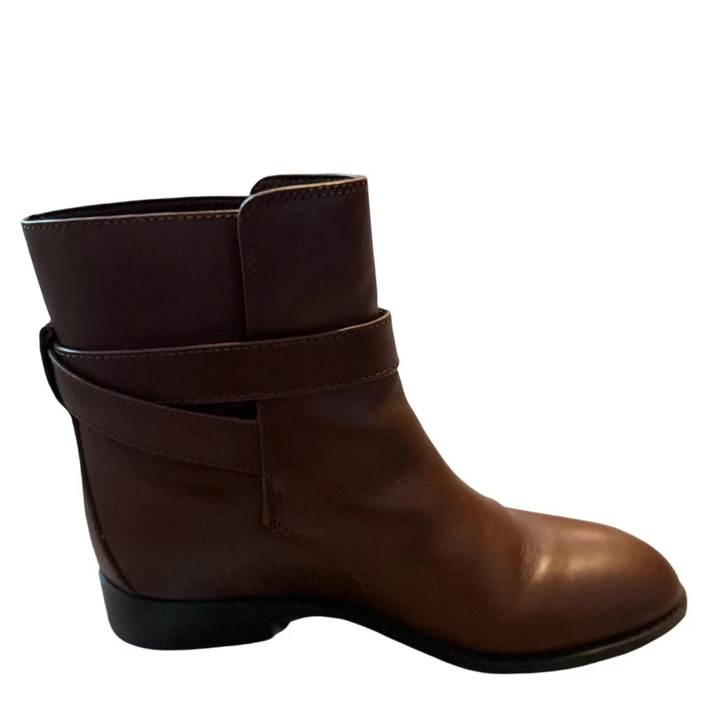 Tory Burch Brooke Brown Calf Leather Ankle Bootie Gold Logo Womens 7